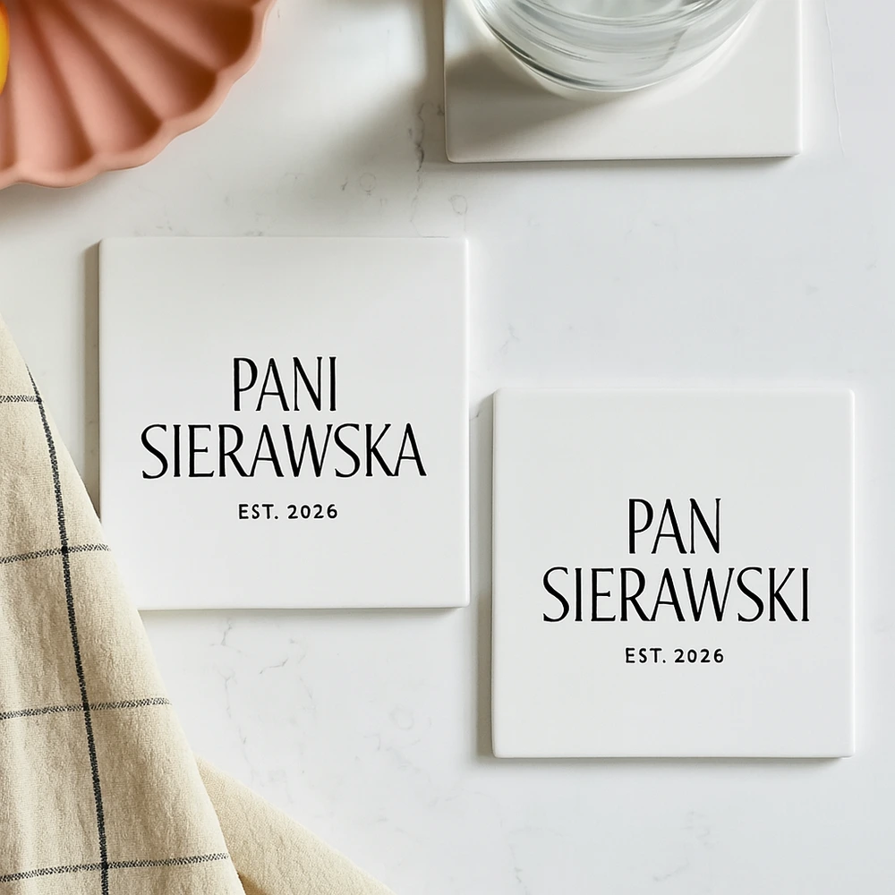 Personalizowany zestaw kwadratowych podstawek ceramicznych Państwo Młodzi