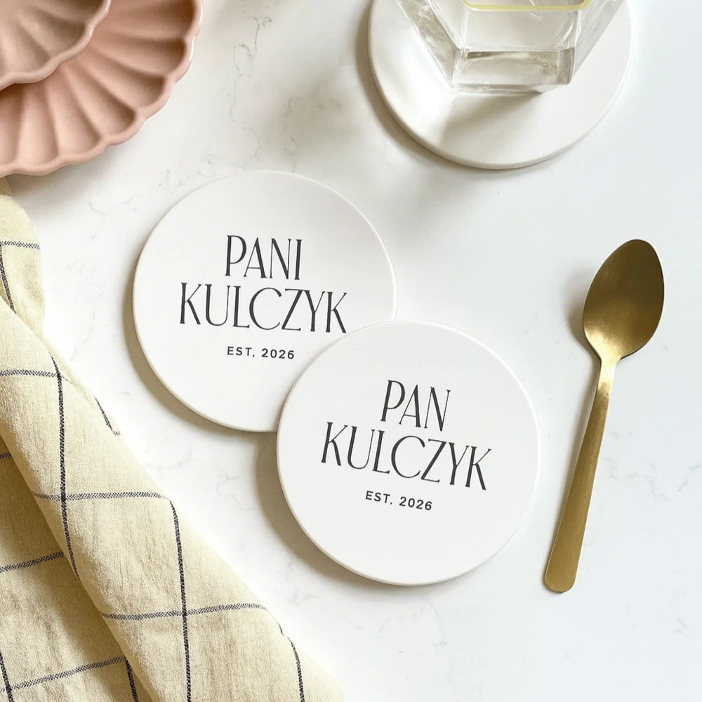 Personalizowany zestaw okrągłych podstawek ceramicznych -Państwo Młodzi