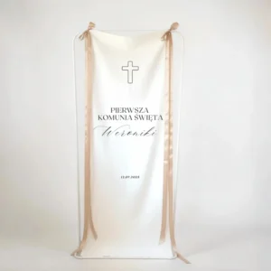Tablica powitalna na Komunię na płótnie - wzór z krzyżem