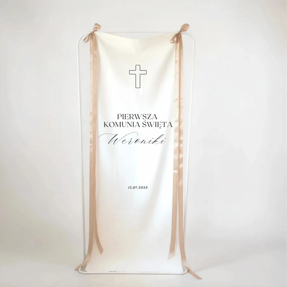 Tablica powitalna na Komunię na płótnie - wzór z krzyżem
